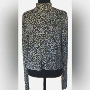 Leopard Print Neutral Mockneck Waffle Weave Long Sleeve Top